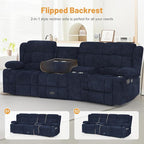 Recliner Sofa Set with Storage Console, Flip Middle Backrest Design 3 Seater Reclining Sofa and Single Recliner Chair, Manual Couches for Living Room (Blue, 3 Seat+Console+1)