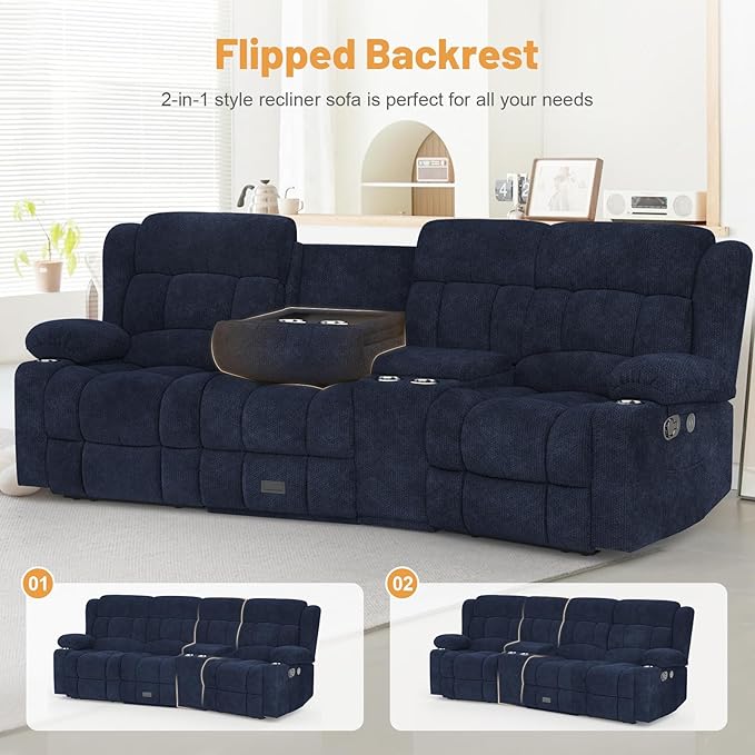 Recliner Sofa with Storage Console, Flip Middle Backrest Design 3-Seater Reclining Sofa with Storage Drawer, USB Ports & Cup Holders, Manual Couch for Living Room (Blue, 3 Seater + Console)