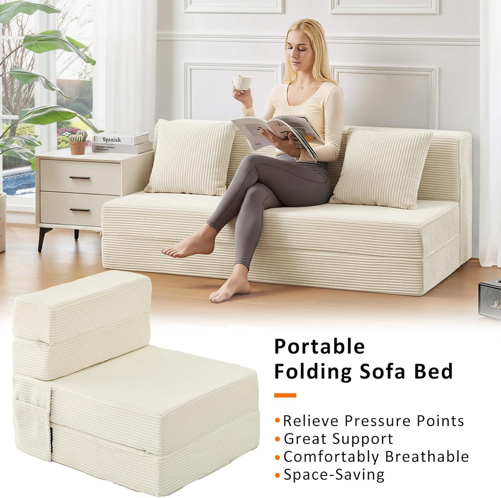 Single Size Folding Sofa Bed - 4 in 1 Convertible Sleeper Chair - High Density Memory Foam Futon Couch - Foldable Bed for Living Room Bedroom (Beige)