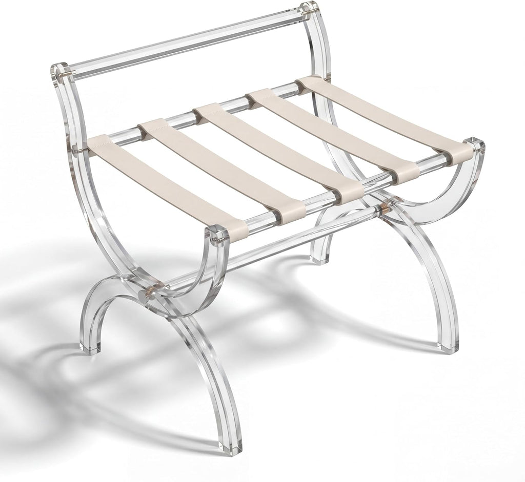 Briwooody Acrylic Luggage Rack for Guest Room, Foldable Suitcase Stand with Back & Leather Straps, Clear Modern Design for Bedroom & Hotel, Heavy Duty Luggage Rack, Holds up to 100 lbs