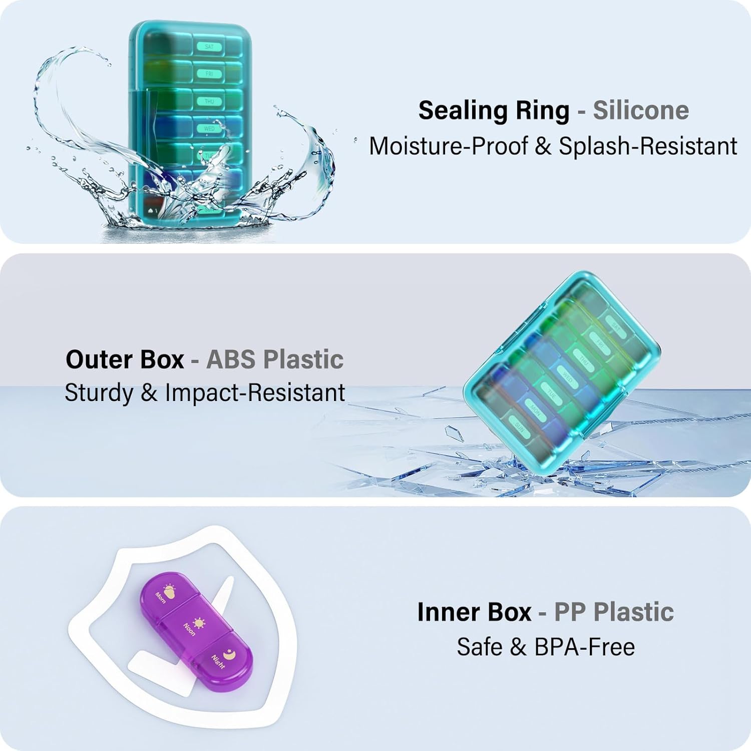 Weekly Pill Organizer 3X a Day, 7 Day Pill Box 3 Times, Portable for Travel Pill Case for Pills/Vitamin/Fish Oil/Medication/Supplements (3x7 Blue+Rainbow)