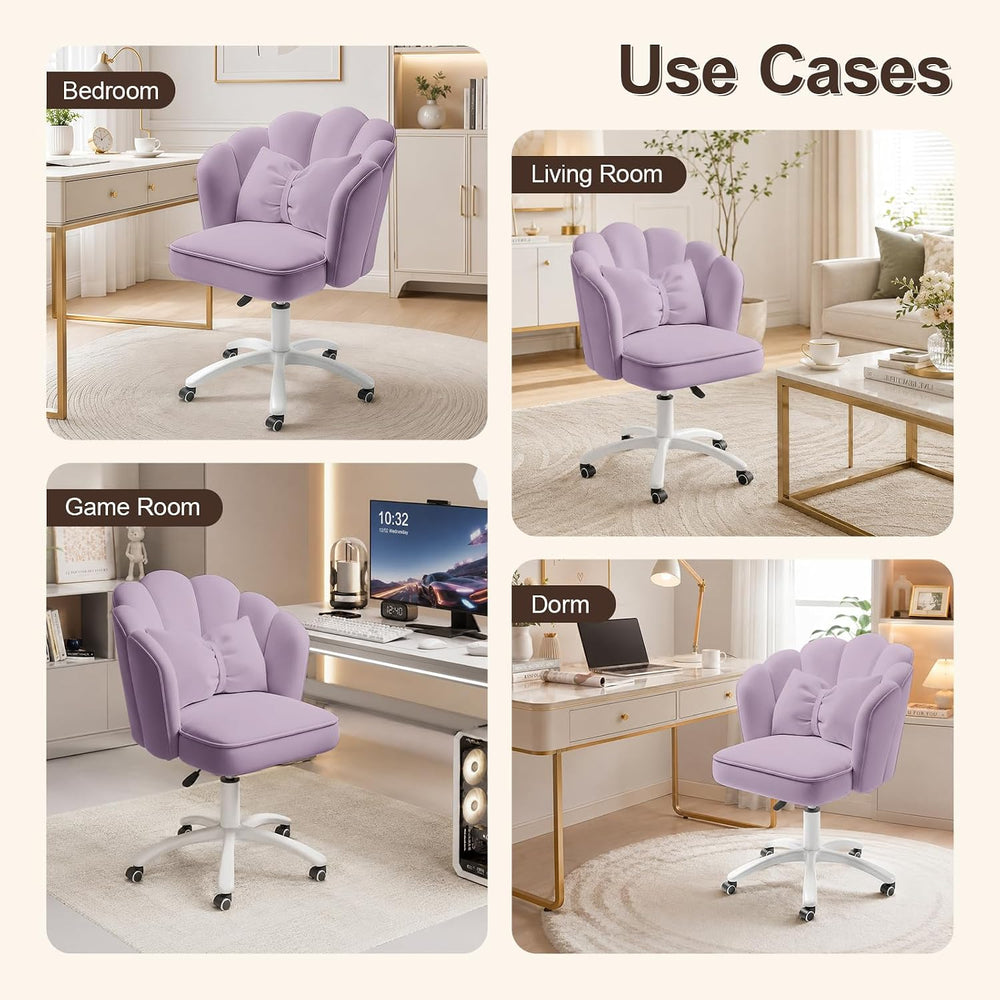 Vanity Chair with Wheels Velvet Petal Desk Chair Upholstered Tufted Home Offi...