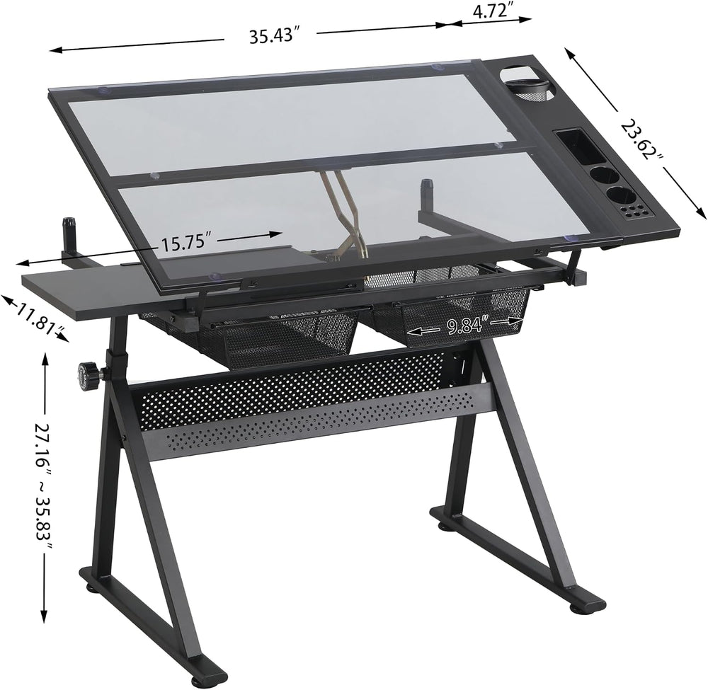 Adjustable Drafting Table with Tempered Glass Top & Storage Drawers | Hei...