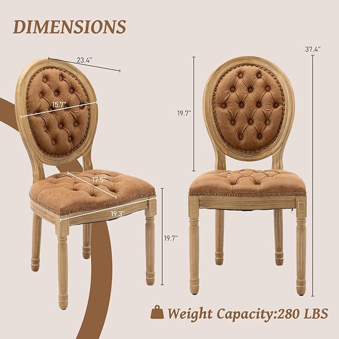 French Country Dining Chairs Set of 6,Farmhouse Upholstered Dining Room Chairs with Tufted Round Back&Solid Leg,PU Leather Kitchen Side Chairs for Kitchen/Bedroom/Dining Room,Tan