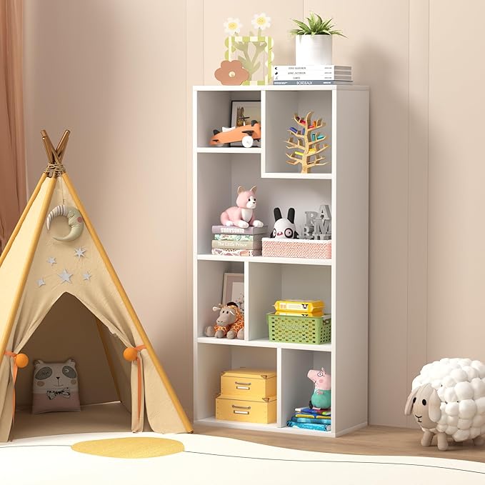 VECELO 42" Modern White Bookshelf, 7 Cube Organizer Bookcase,Fits Talles...