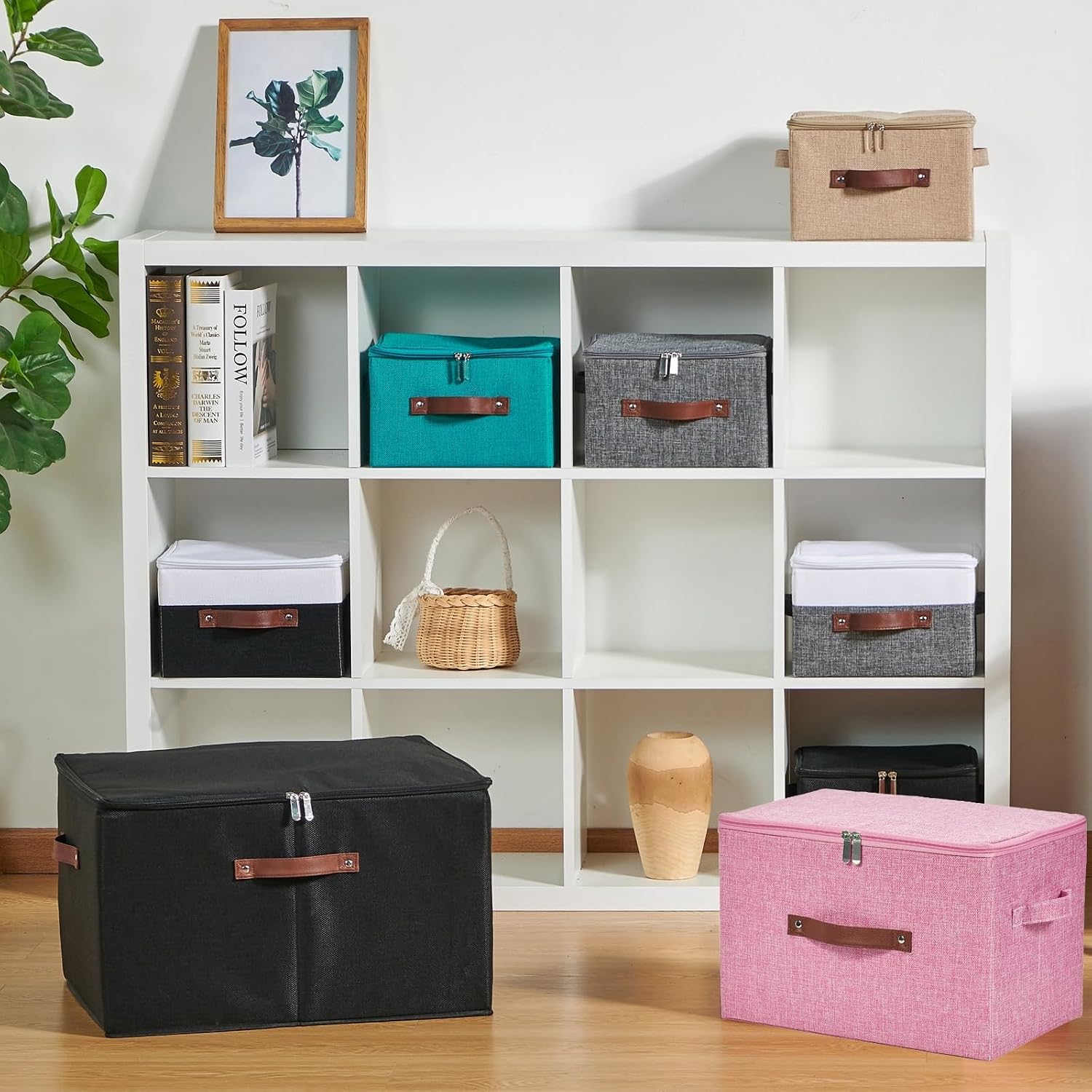 Storage Bins with Zipper Lids Decorative Lidded Baskets Boxes | Clothes Container, Closet Shelf Organizer, Foldable Washable, Cotton Linen Fabric, w/ PU Leather Handles, Pink, Small