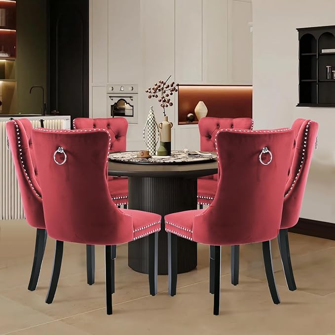 Velvet Upholstered Dining Chairs Set of 6, Modern Style Kitchen Side Chairs with Nailhead Trim and Wood Legs,Metal Pulling Ring for Dining Room Living Room(Wine Red,Set of 6)