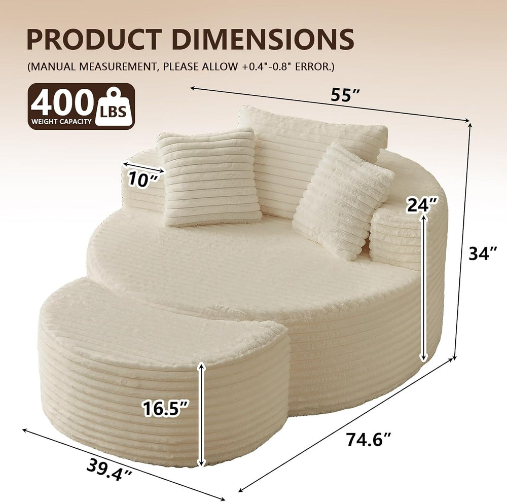 75''L Oversized Round Lounge Chair with Ottoman, Modern Corduroy Acce...