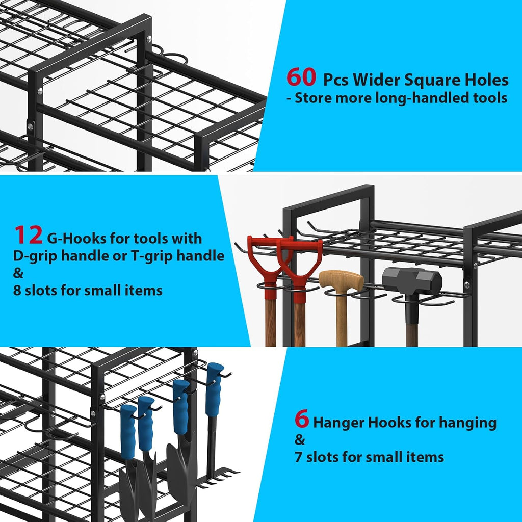 NADAMOO Garden Tool Organizer with Rolling Wheel, 3-tier Metal Shelf Yard Tool Holder, Utility Stand Rack for Garage Organization and Storage, Hold Long-Handled Rakes, Shovel, Broom