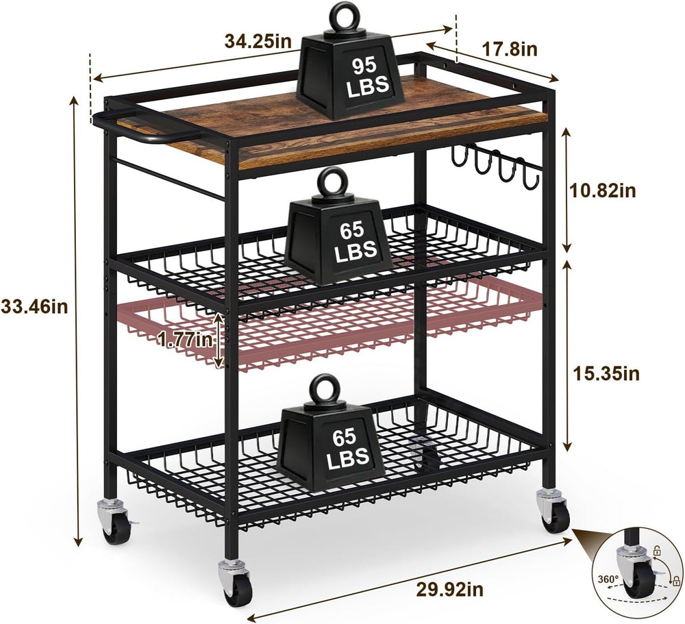 3 Tier Heavy Duty Rolling Kitchen Cart with Handle & Locking Wheels – Met...