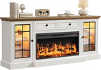 Fireplace TV Stand Up to 80" TVs, 70'' Modern Entertainment Center with 36" Electric Fireplace & LED Lights, Farmhouse Media Console with Storage Cabinet & Drawer for Living Room, Antique White