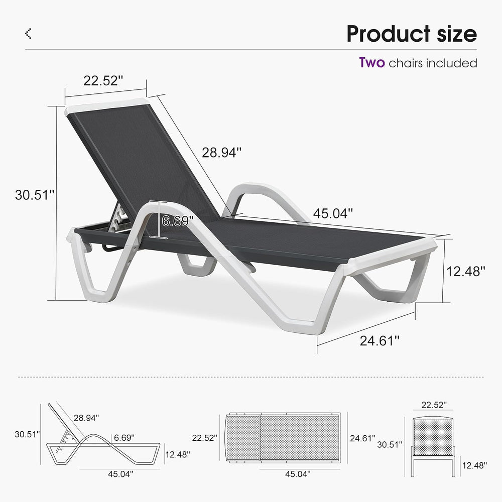 PURPLE LEAF Lounge Chair Outdoor Set of 2 w/Armrest & 1 Table, Dark Grey ...