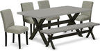 East West Furniture X697AB106-6 6 Piece Dinette Set Contains a Rectangle Dining Table with X-Legs and 4 Shitake Linen Fabric Parson Chairs with a Bench, 40x72 Inch, Multi-Color