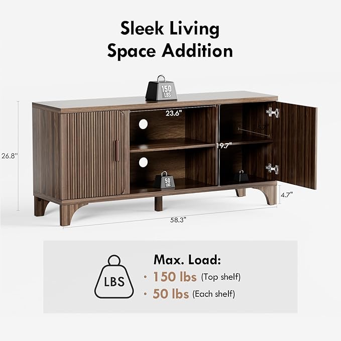 Tall Mid Century Modern TV Stands for 55/60/65 Inch TV Boho Media Console for Living Room Fluted TV Entertainment Center with Storage Wood Television Cabinet for Bedroom