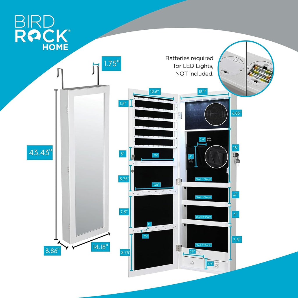 BIRDROCK HOME Hanging Jewelry Organizer - Lockable Storage Cabinet with Body Mirror & LED Lights, Door or Wall Mounted for Closet or Bedroom Dresser, Adjustable Height & Large Capacity - White