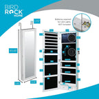 BIRDROCK HOME Hanging Jewelry Organizer - Lockable Storage Cabinet with Body Mirror & LED Lights, Door or Wall Mounted for Closet or Bedroom Dresser, Adjustable Height & Large Capacity - White