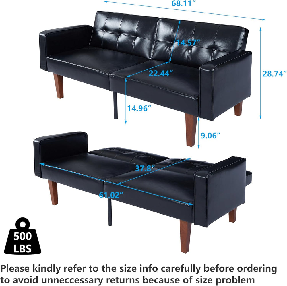 mikibama Convertible PU Leather Black Futon Sofa Bed with Split Back,Mid Cent...