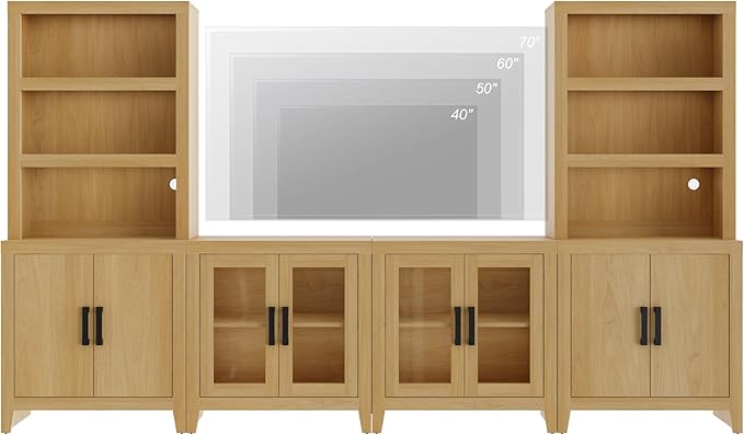 WAMPAT Entertainment Center with Bookshelves, 4-Piece Modular TV Stand with Storage Towers, Farmhouse Media Console with Glass Doors for Living Room, Bedroom, Oak
