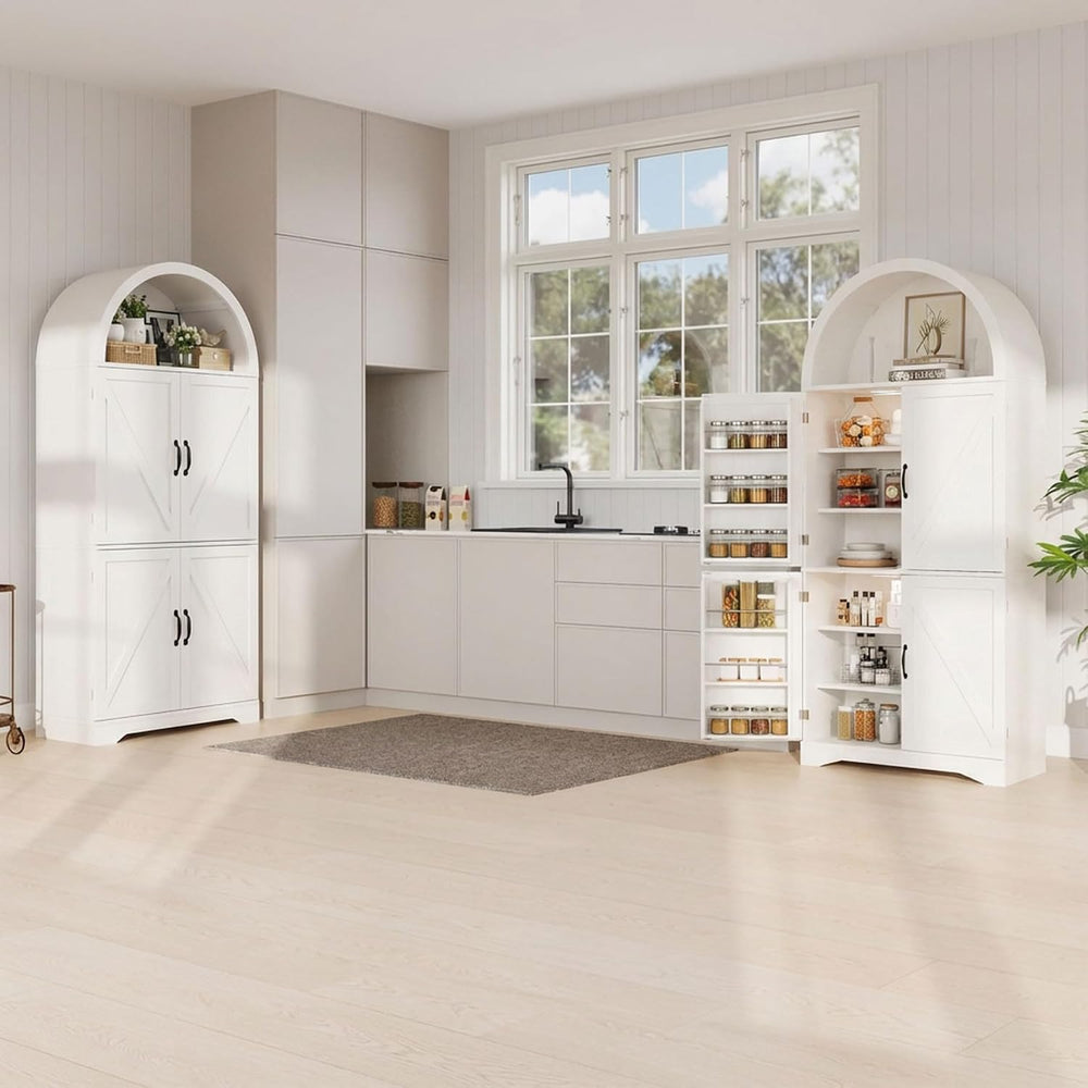 70" Tall Arched Pantry Cabinet, Kitchen Cupboard with Barn Doors, Adjust...