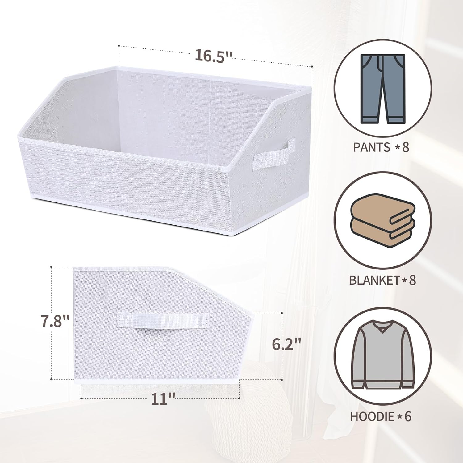 Closet Baskets for Shelves - Decorative Storage Baskets with Handle, Trapezoid Closet Bins for Organization, Shelf Storage Bins for Clothes, Books, Home, Office, 8 Pack, White