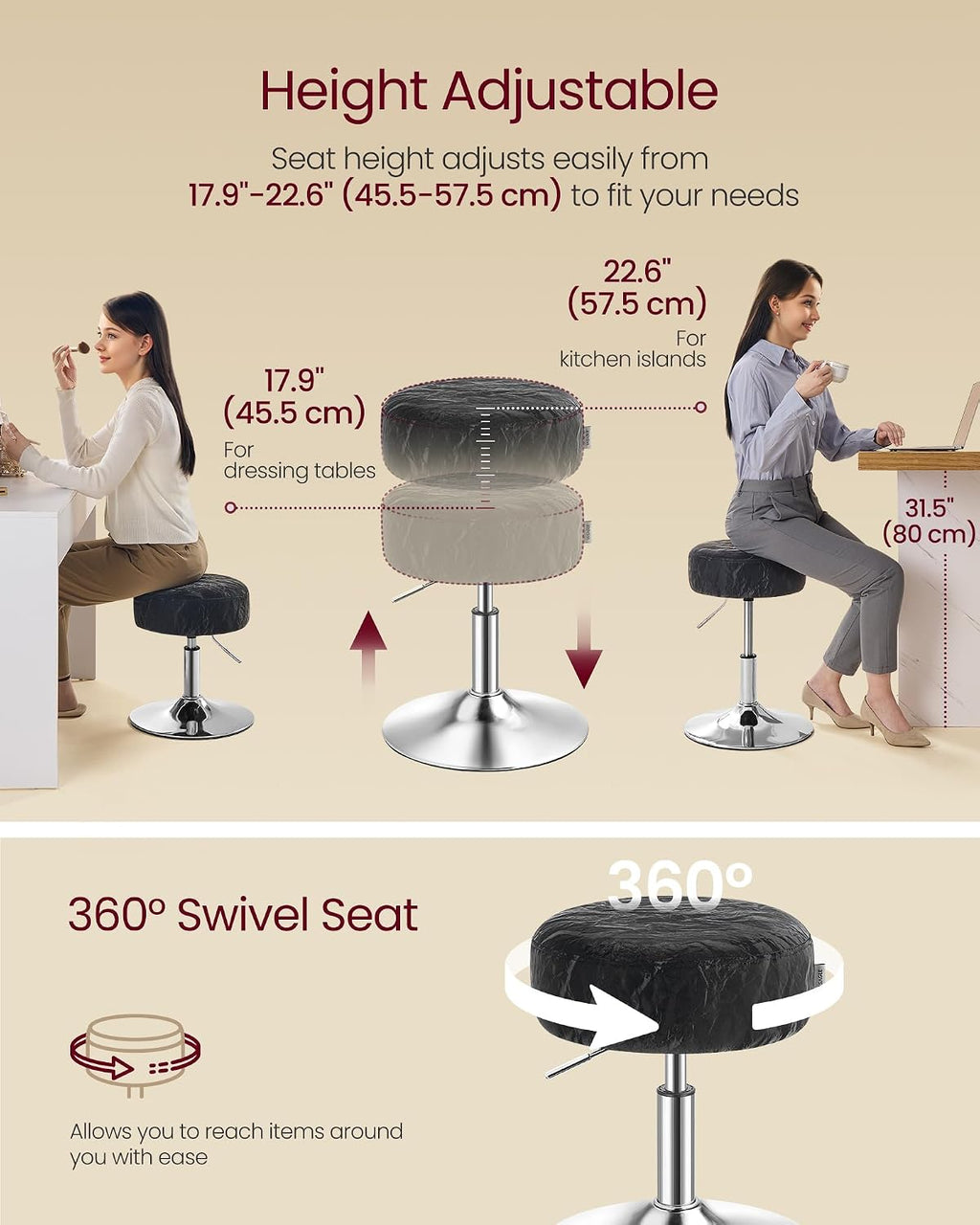 VASAGLE Adjustable Bar Stool, 360° Swivel, PU Leather, Thick Cushion, for Kitchen, Dining Room Bedroom, Modern, Ink Black
