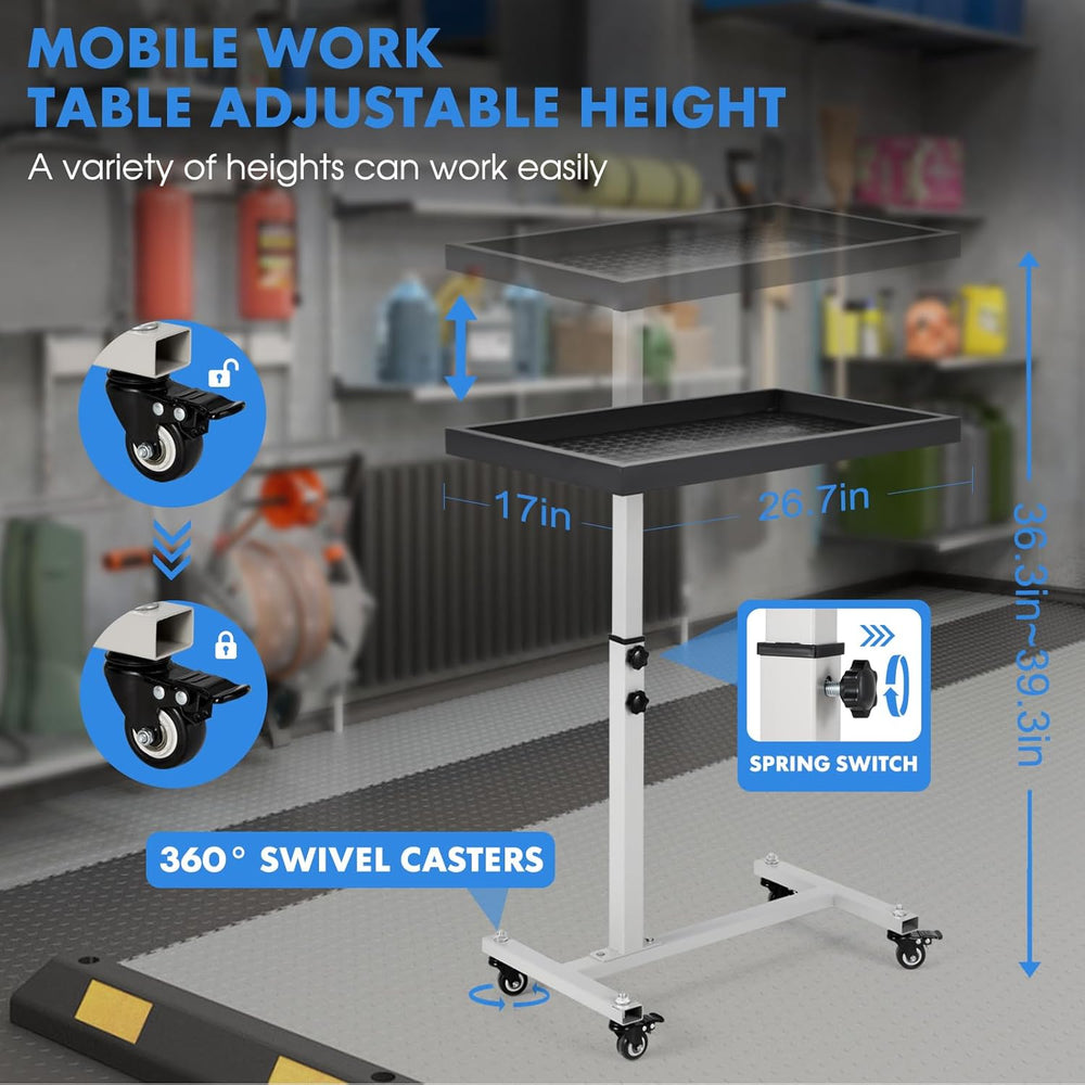 Adjustable Work Table with Wheels, Mechanic Rolling Tool Tray Table for Garag...