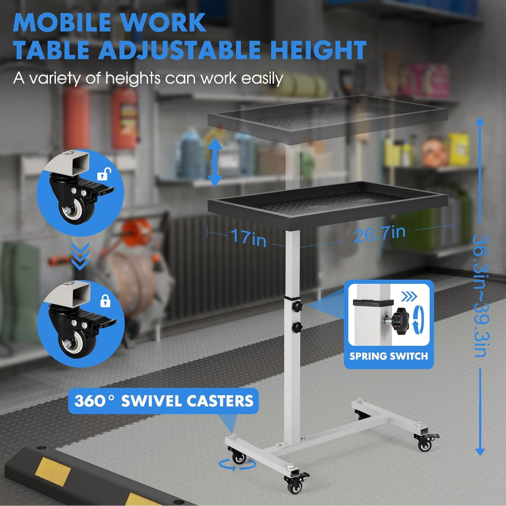 Adjustable Work Table with Wheels, Mechanic Rolling Tool Tray Table for Garage Repair Shops DIY, 220LBS Capacity Mobile Heavy Duty Steel Tool Cart (Gray)