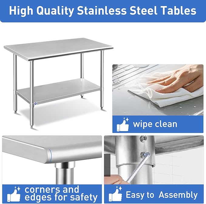 ROCKPOINT Stainless Steel Table for Prep & Work 24x30 Inches, NSF Metal Commercial Kitchen Heavy Duty Table with Adjustable Under Shelf and Table Foot for Restaurant, Home and Hotel