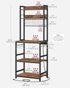 VASAGLE Bakers Rack with Power Outlet, Microwave Stand, Kitchen Tall Utility Storage Shelf, with Metal Wire Panel, 14 Hooks, 15.7 x 23.6 x 66.9 Inches, Rustic Brown and Ink Black UKKS037B01