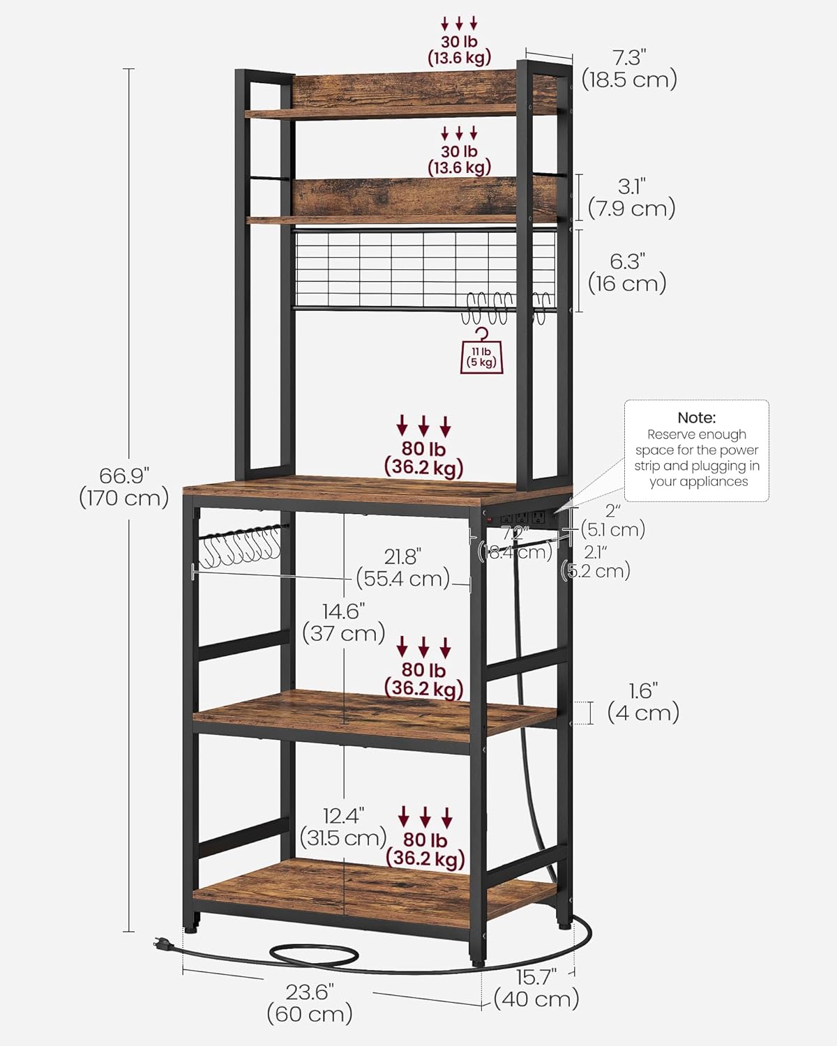 VASAGLE Bakers Rack with Power Outlet, Microwave Stand, Kitchen Tall Utility Storage Shelf, with Metal Wire Panel, 14 Hooks, 15.7 x 23.6 x 66.9 Inches, Rustic Brown and Ink Black UKKS037B01