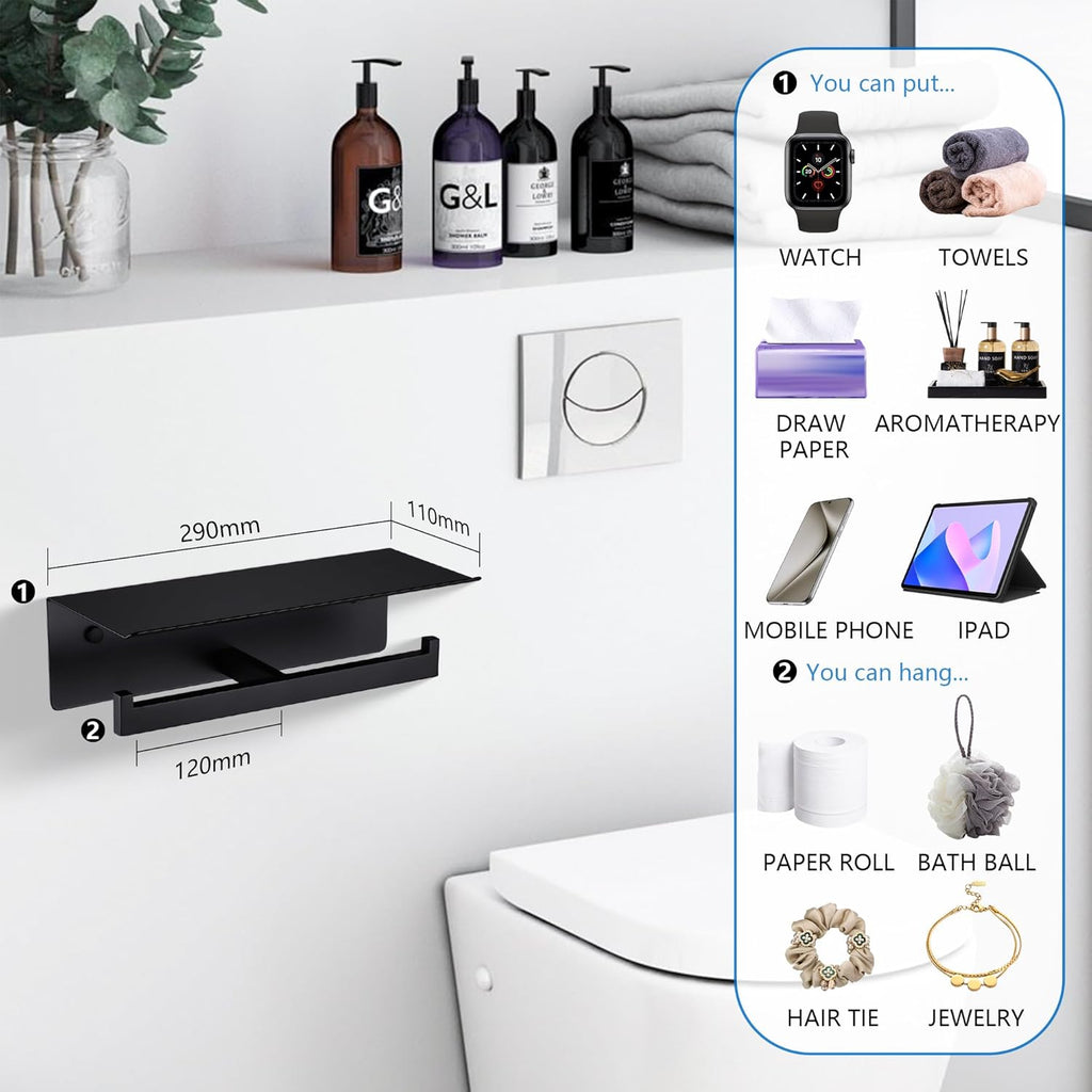 LANC Double Toilet Paper Holder with Shelf, Matte Black Commercial Roll Tissue Dispenser with Phone Shelf for Bathroom Wall Mounted or 3M Self-Adhesive Stainless Steel Storage, A8377MB