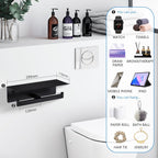 LANC Double Toilet Paper Holder with Shelf, Matte Black Commercial Roll Tissue Dispenser with Phone Shelf for Bathroom Wall Mounted or 3M Self-Adhesive Stainless Steel Storage, A8377MB