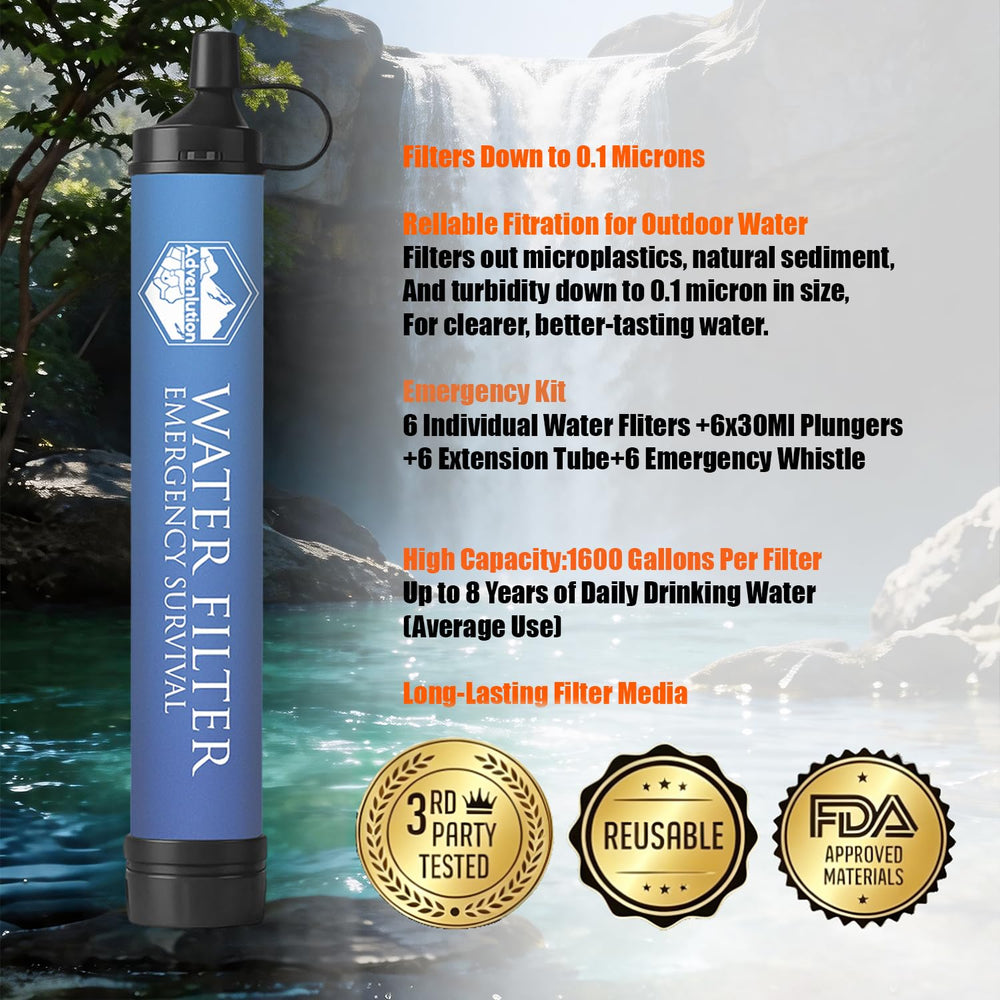 6-Pack Water Filter Straw with Emergency Whistle Survival for Outdoor