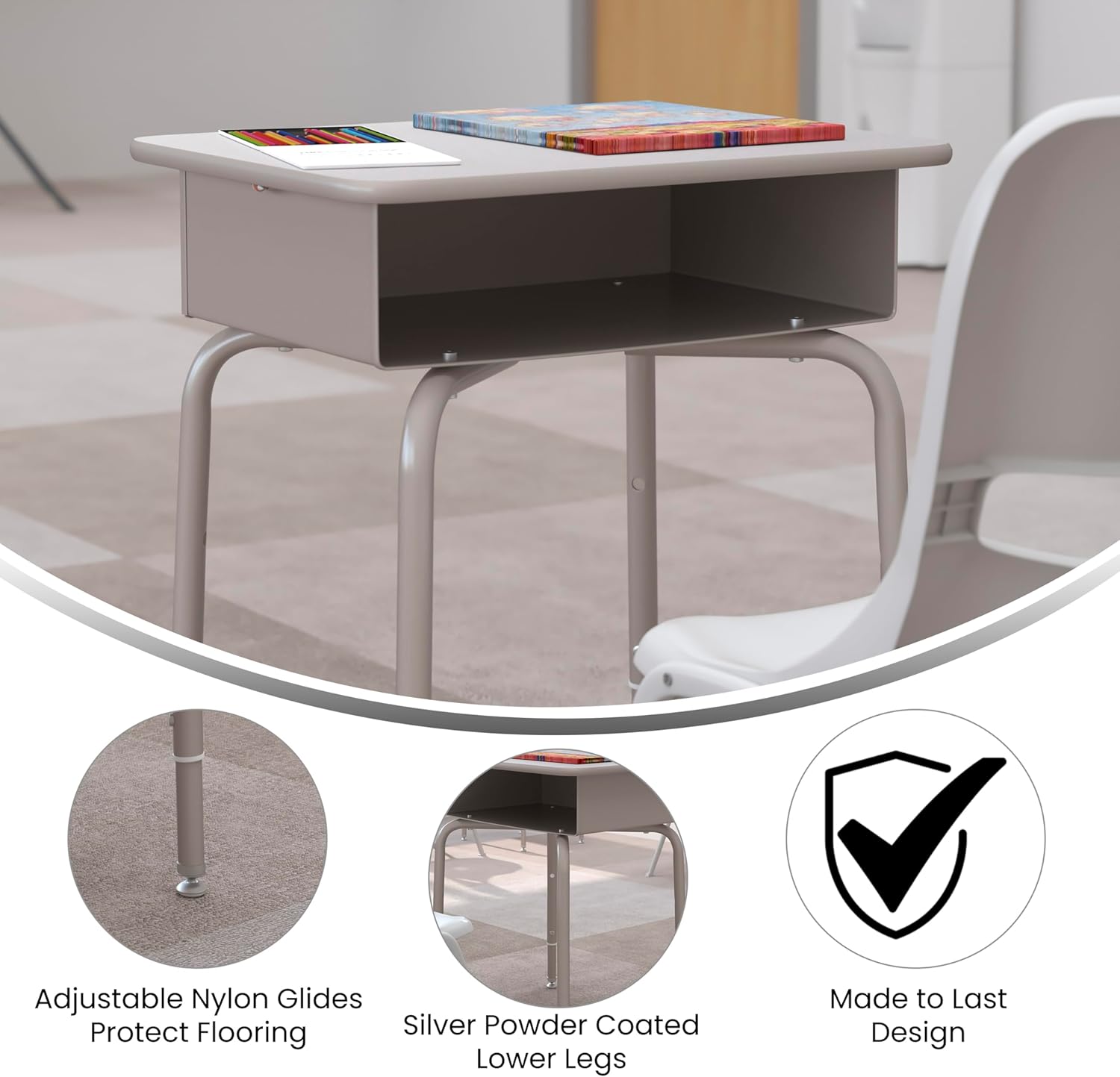 EMMA + OLIVER Buckley Student Desk - Gray Faux Granite Finished Top - Silver Metal Frame - Open Front Book Box - Pencil Storage Grooves