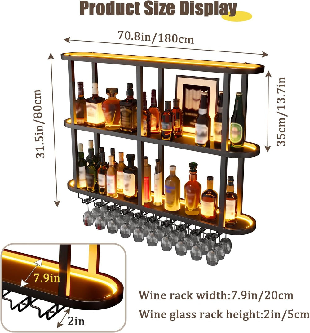 70.8in Wine Rack Wall Mounted - 360° Wrap-Around Curved LED Lights | 3-Tier F...