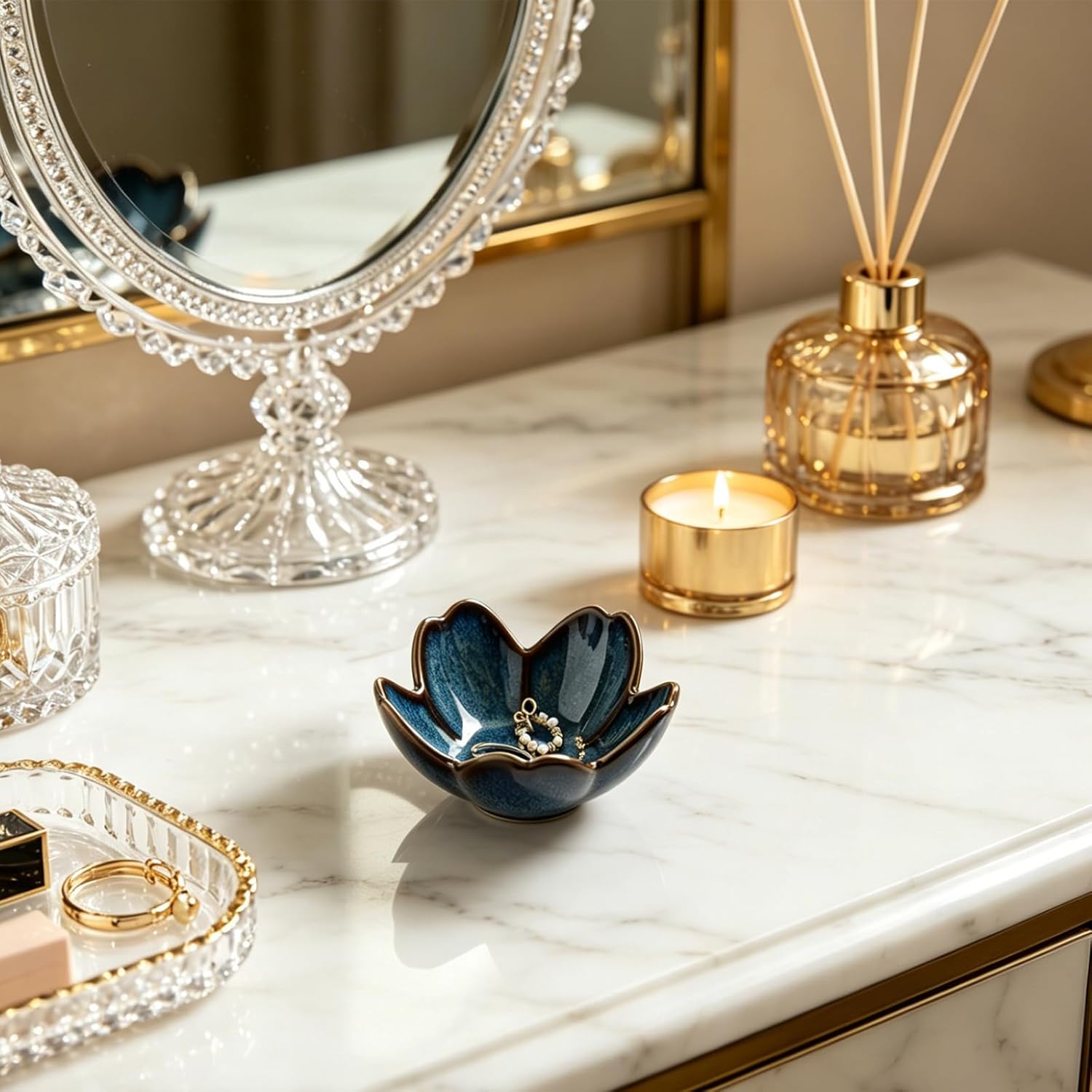 Floral Ceramic Jewelry Tray, 3.5" Ring Holder Trinket Bowl | Petite bowl keeps rings, earrings, keys, and keepsakes visible on vanities or dressers, making a sweet gift for women