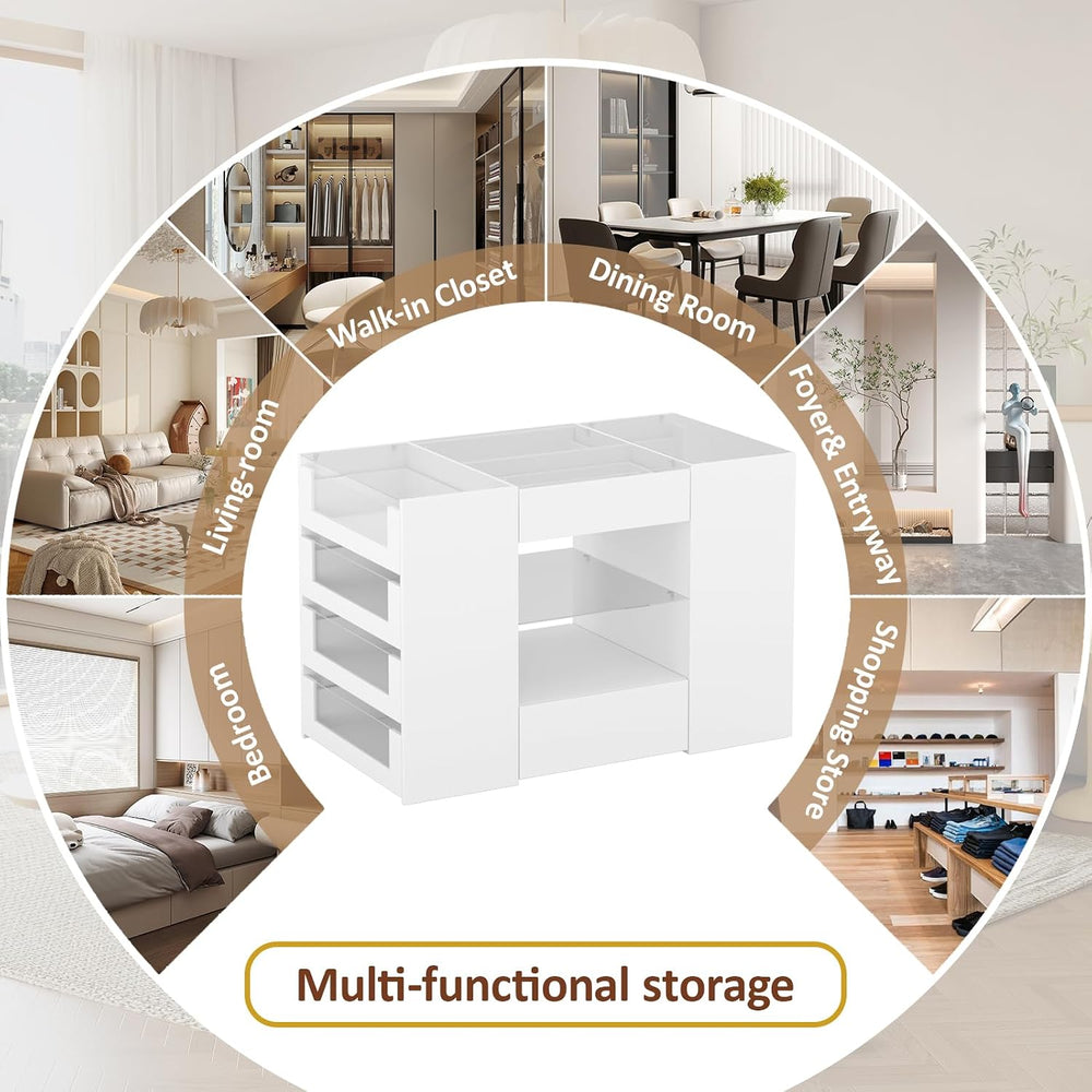 LIVAUVEAD Closet Island with 12 Drawers, Glass Top & Display Shelves, Whi...