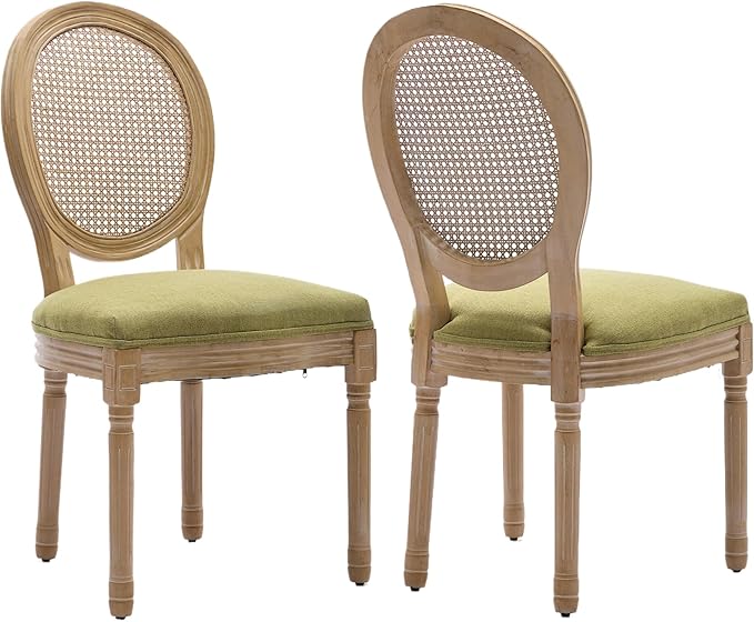 French Country Dining Chairs Set of 2, Olive Green Kitchen & Dining Room Chairs Set of 2, Rattan Dining Chairs, Cane Back, Wood Legs, Sillas De Comedor (Rattan, Olive Green, 2Pcs)