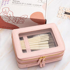 Aveniee XL Clear Makeup Organizer,Double Layer Travel Cosmetic Case with Brush Holder & Zippered Compartments,Big Toiletry Bag for Travel Accessories,2 Layers Large,Pink