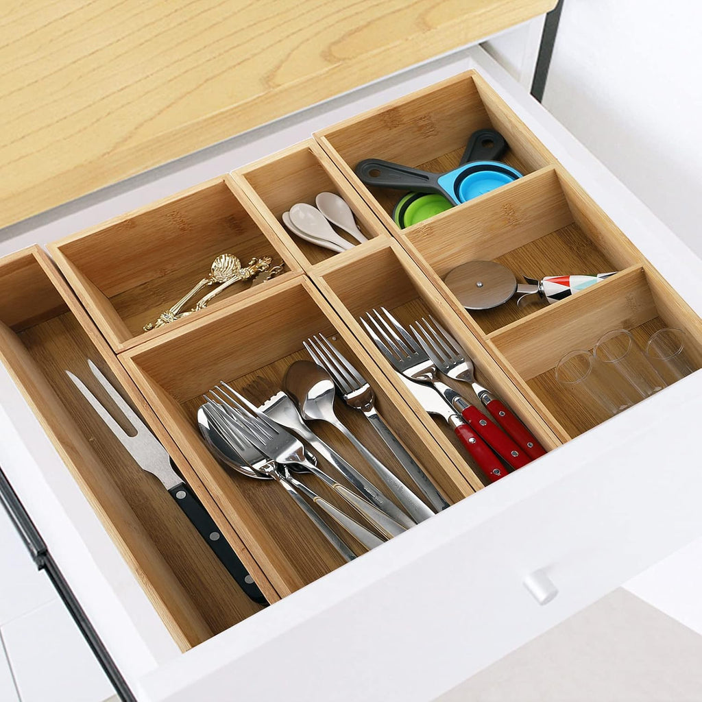 Youeon Set of 6 Bamboo Drawer Organizer Storage Box, Adjustable Cutlery Drawer Organizer, Silverware Organizer Multi-Use for Office, Home, Kitchen, Bedroom, Bathroom