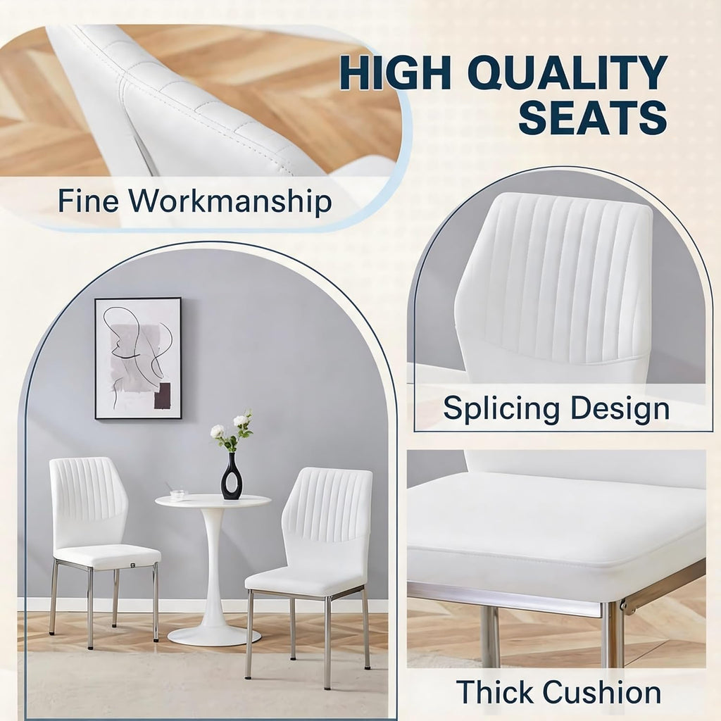 Dining Chairs Set of 6, Modern Upholstered Kitchen Dining Chairs with High Back, Faux Leather White Chairs with Metal Legs, Comfortable Armless Side Chairs for Dining Room Kitchen Living Room
