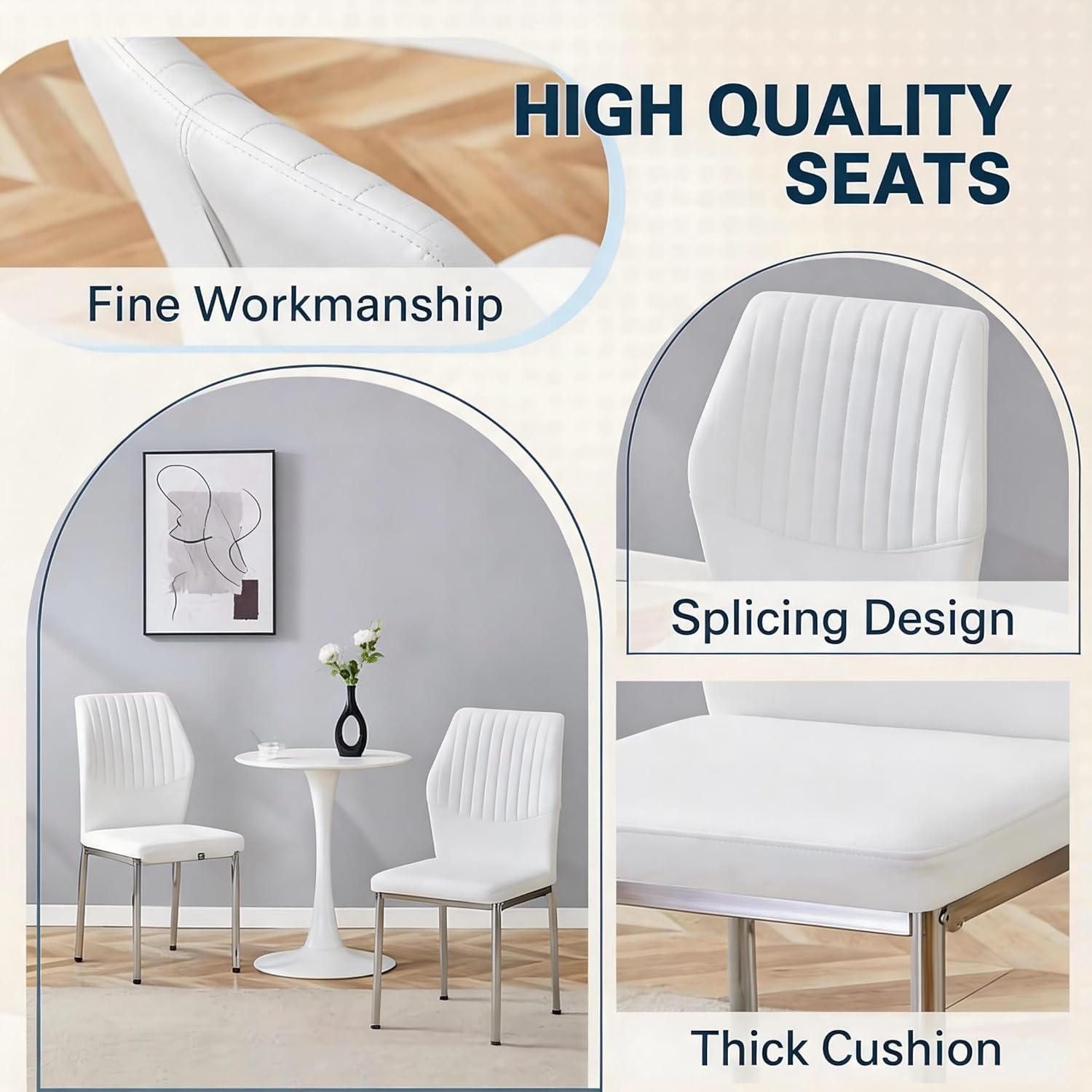 Dining Chairs Set of 6, Modern Upholstered Kitchen Dining Chairs with High Back, Faux Leather White Chairs with Metal Legs, Comfortable Armless Side Chairs for Dining Room Kitchen Living Room