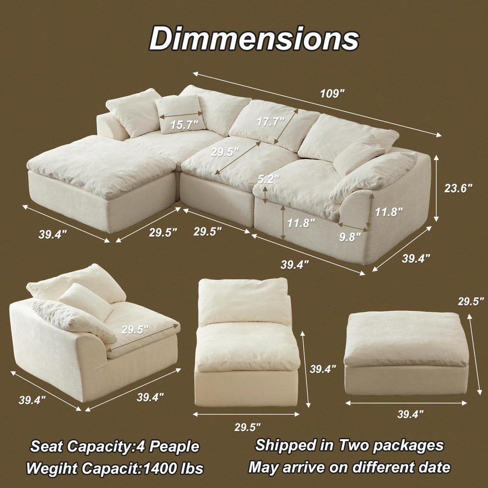 109" Cloud Couch Sectional for Living Room, Oversized Modular L Shaped S...