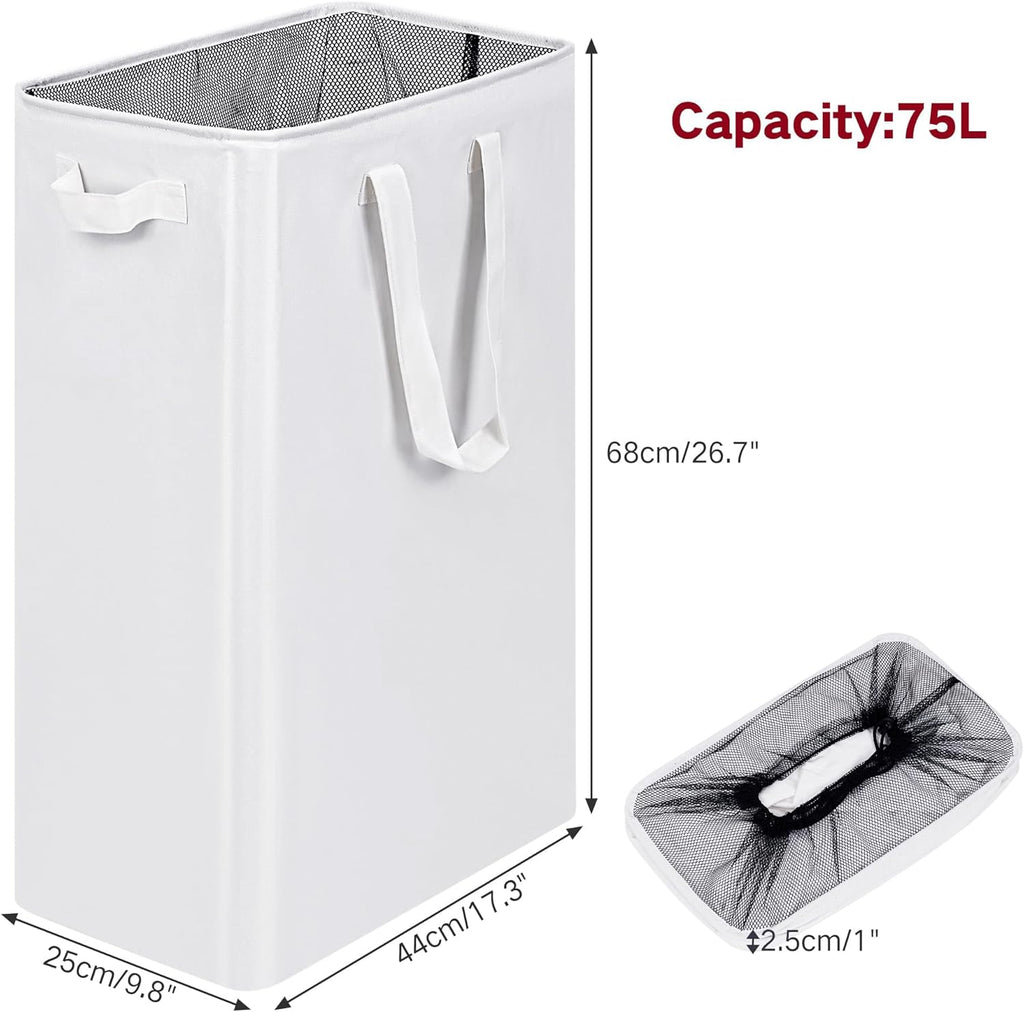 efluky Slim Laundry Basket, Narrow Laundry Hamper with Handles, Collapsible Dirty Clothes Hamper, Tall Laundry Bin for Laundry Room, Dorm and Bedroom, 12.7 Gallons(75L) White