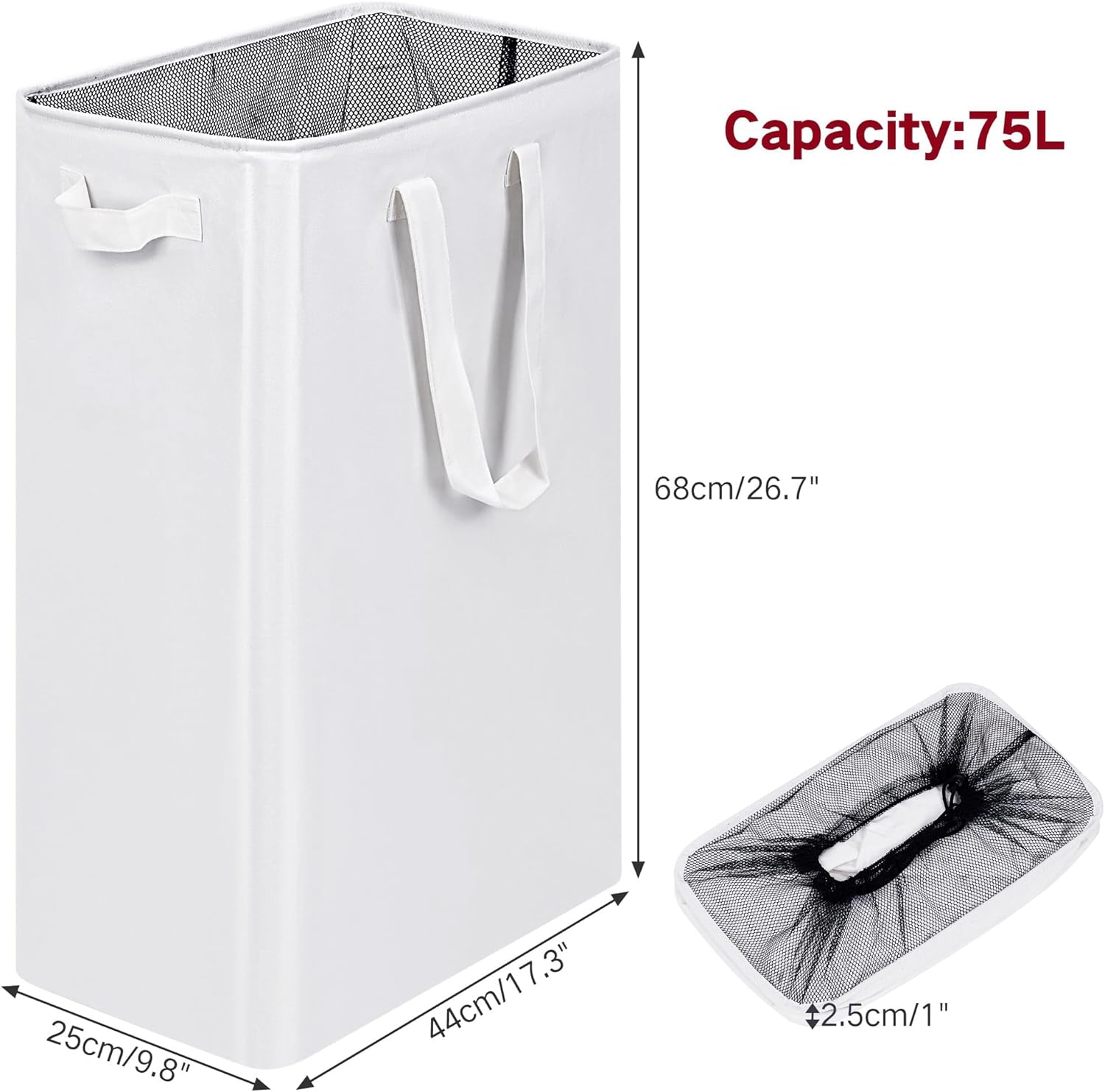 efluky Slim Laundry Basket, Narrow Laundry Hamper with Handles, Collapsible Dirty Clothes Hamper, Tall Laundry Bin for Laundry Room, Dorm and Bedroom, 12.7 Gallons(75L) White