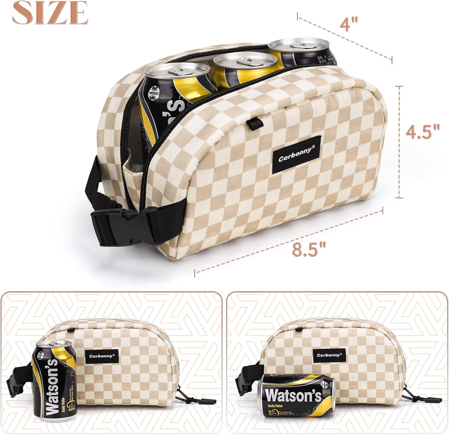 Cerbonny Reusable Lunch Bag, Khaki Checkerboard, 2.5L, Insulated, Leak Proof, Zipper Closure, 2 Compartments, Perfect for Picnic, Work, School, Travel