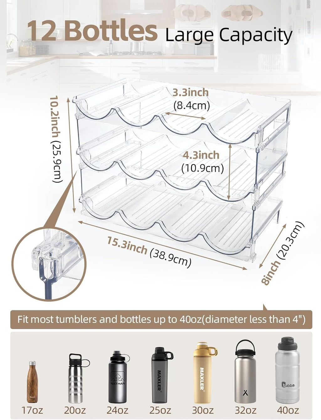 Water Bottle Organizer - 3 Pack Clear Stackable Bottle Storage Rack and Wine Rack for Stanley Yeti Bottle and Other Tumbler Organizer for Kitchen Cabinets, 3 Tier Hold 12