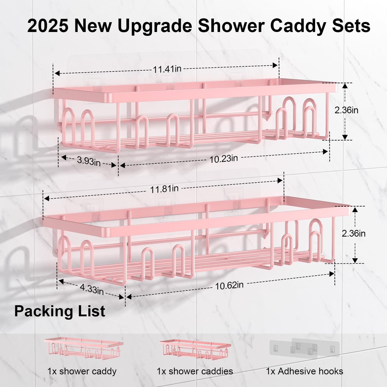 2025 New Adhesive Shower Caddy, Shower Shelves with 16 Hooks, Pink 2 Pack