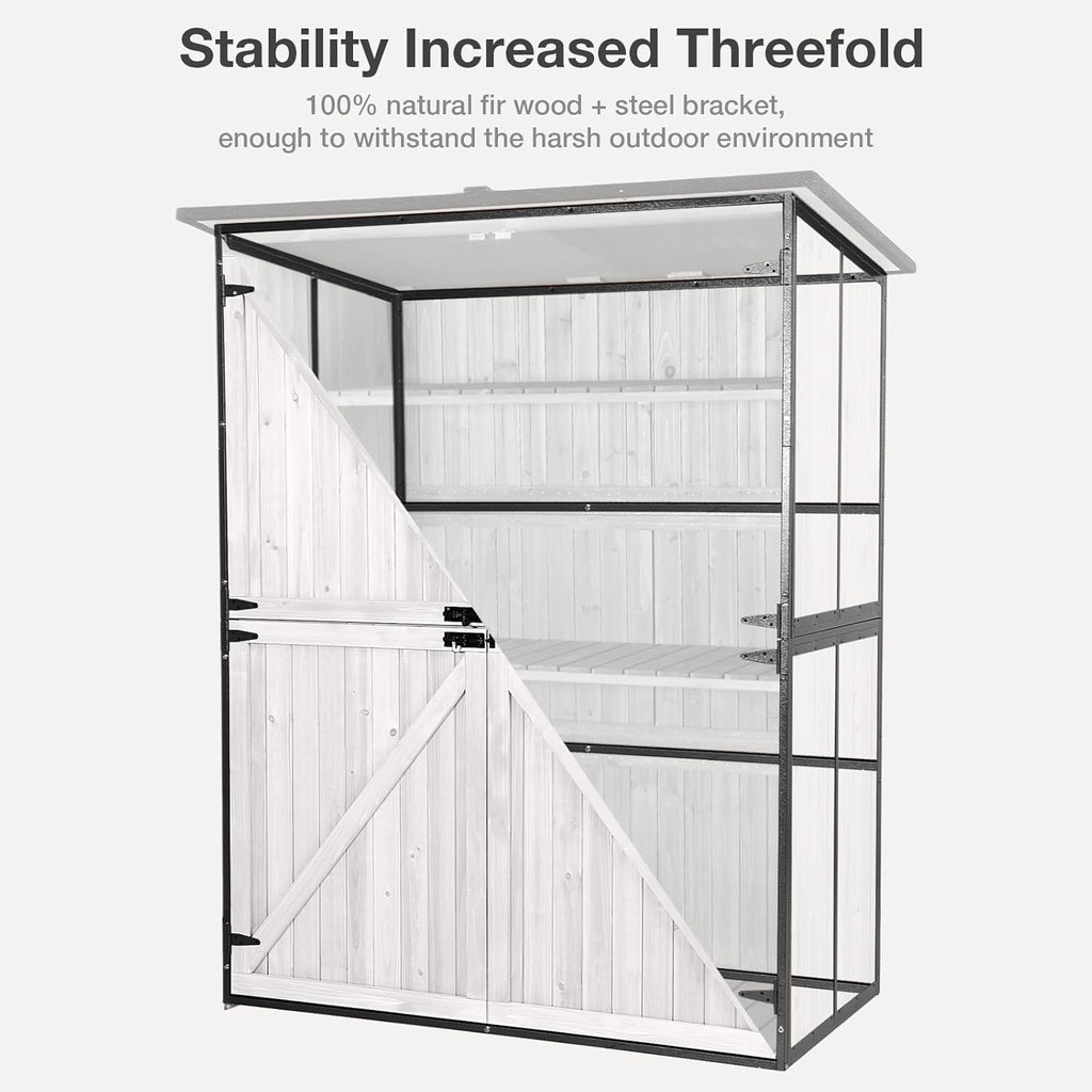 Outdoor Storage Shed with Floor - Waterproof Natural Fir Cabinet with Adjustable Shelves and Double Lock for Anti-Theft - Suitable for Storing Garden Tools and Household Debris (White)