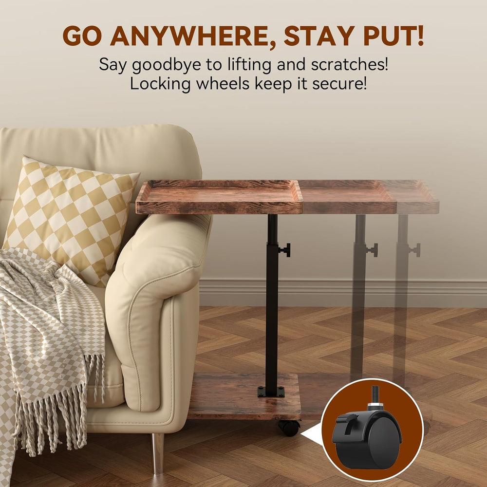 C Table Side Table Adjustable Height, 360°Swivel TV Tray Table with Wheels, S...